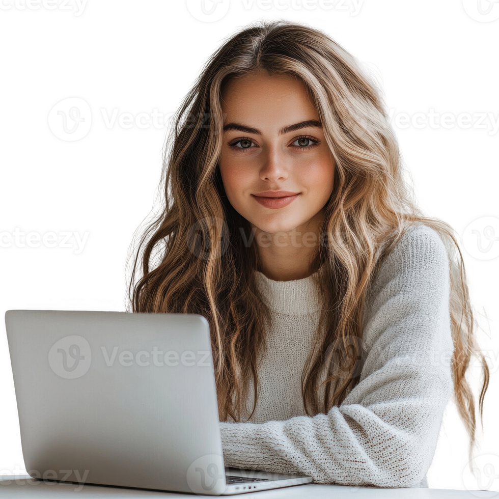 A young woman smiles while working on her laptop at a bright workspace. png