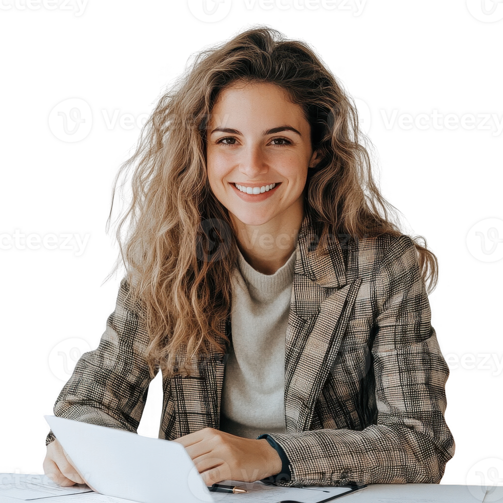 Smiling young professional woman working at desk with a tablet and papers. png