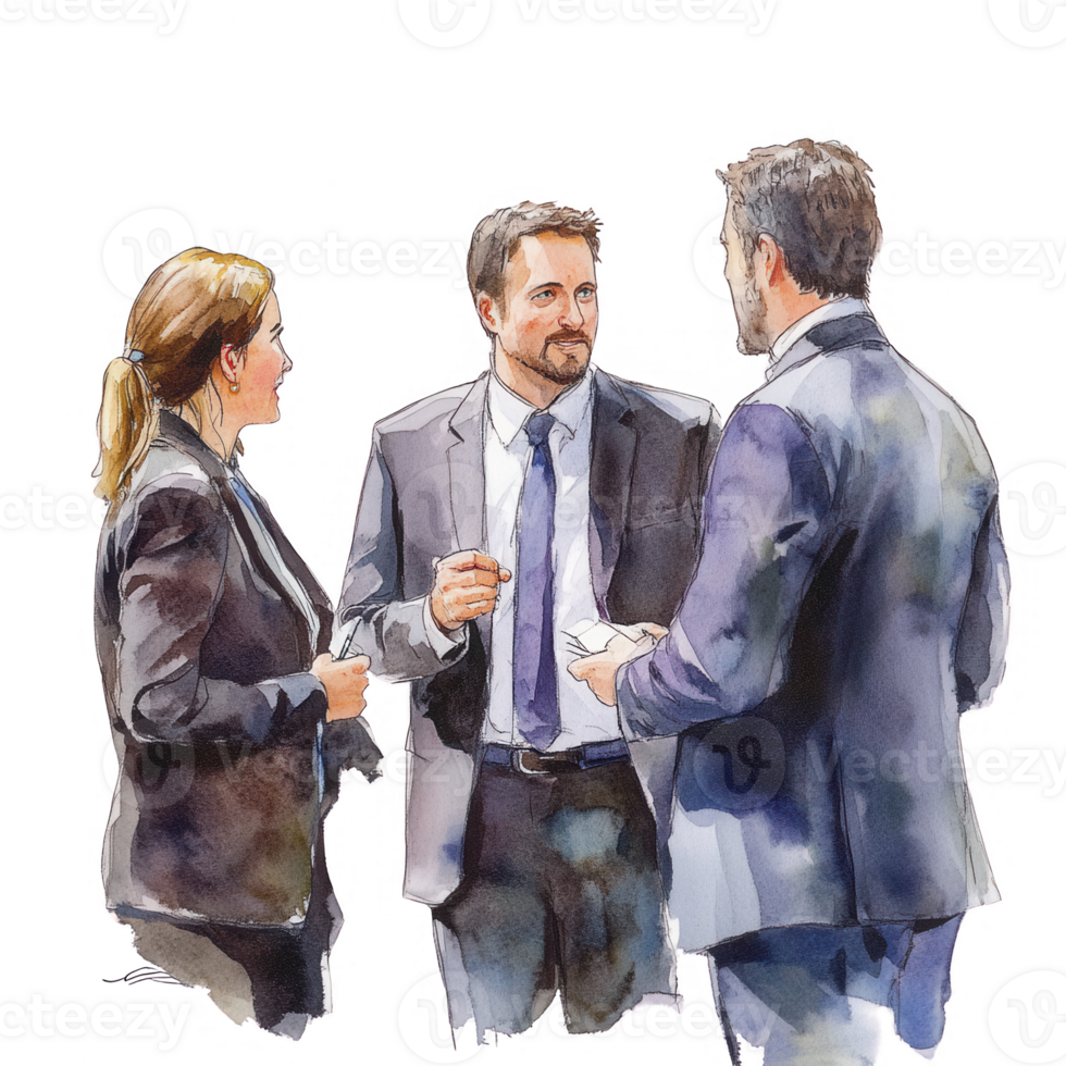 Three professionals engage in a lively discussion during a business meeting. png