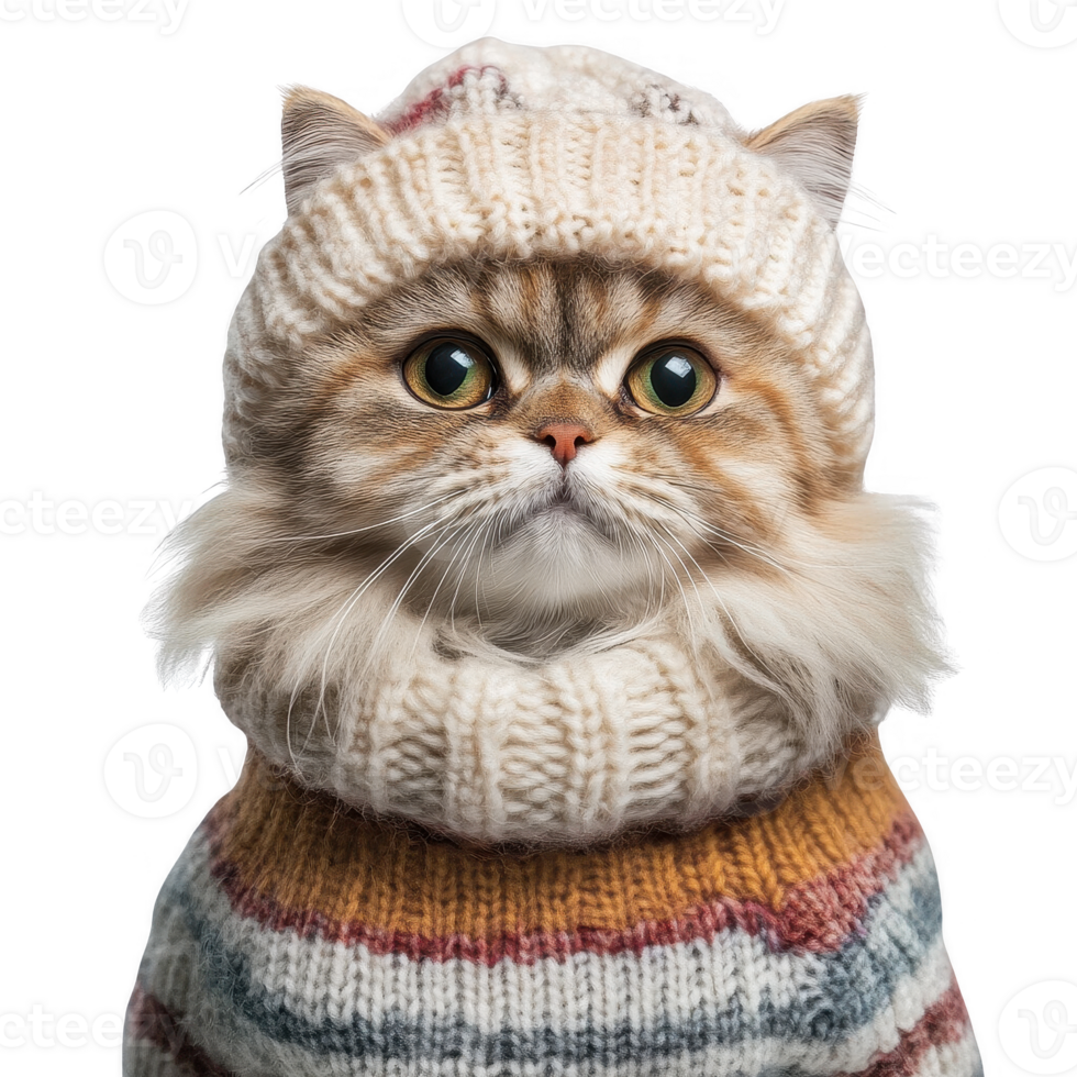 A stylish cat wearing a cozy knitted sweater and a matching hat, exuding charm. png