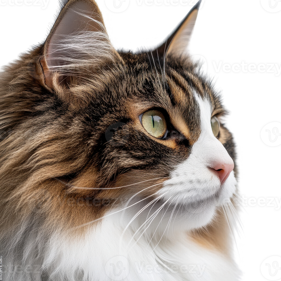 Close-up of a majestic cat with striking green eyes and beautiful fur. png