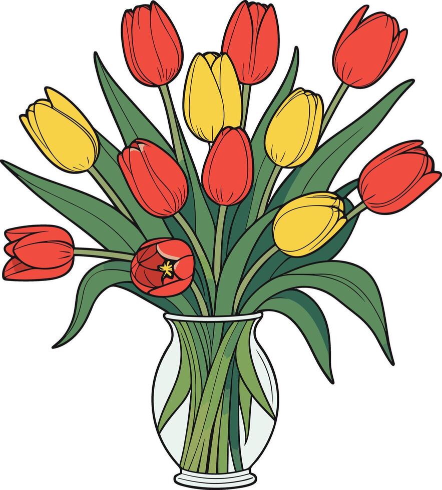 Colorful tulip bouquet in a clear vase on a bright background vector