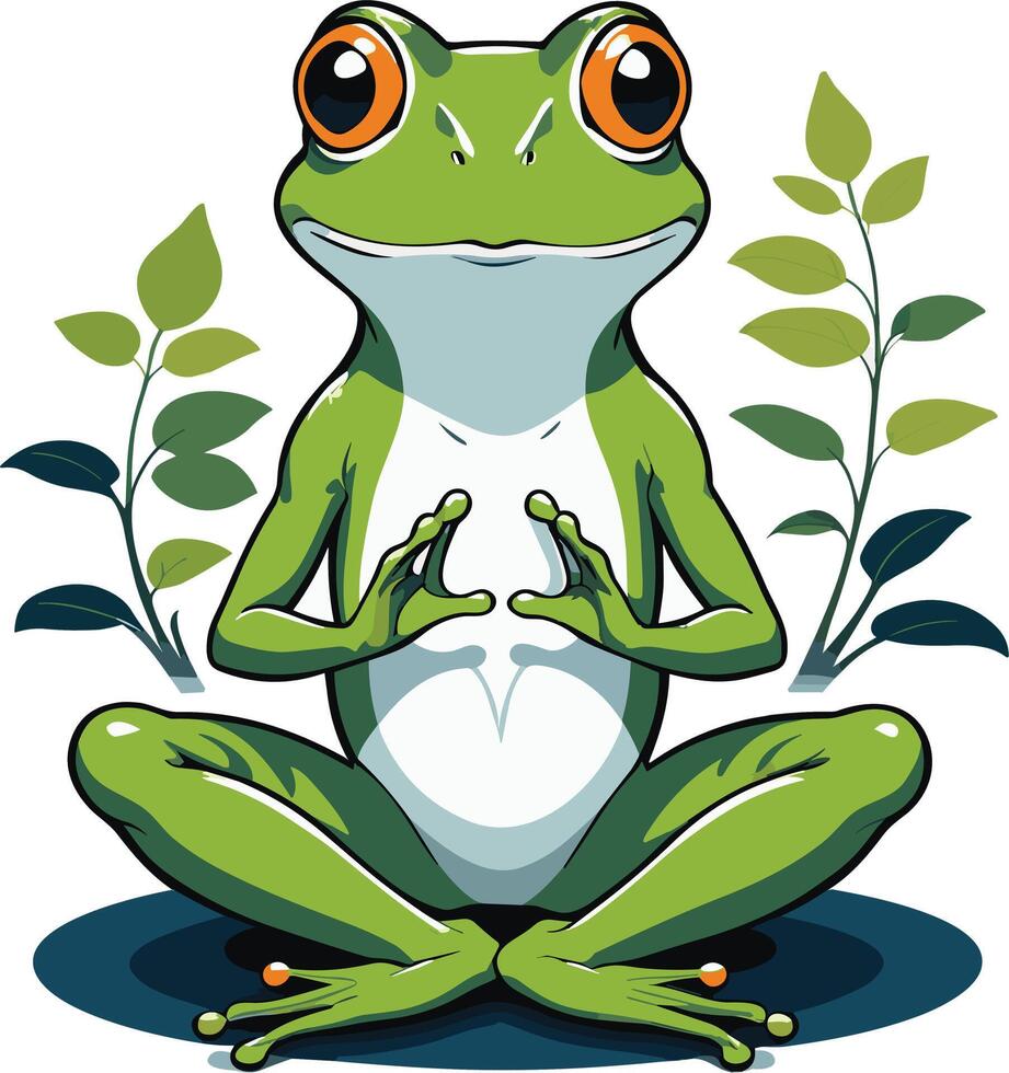 Frog sits peacefully in a meditative pose among green plants vector