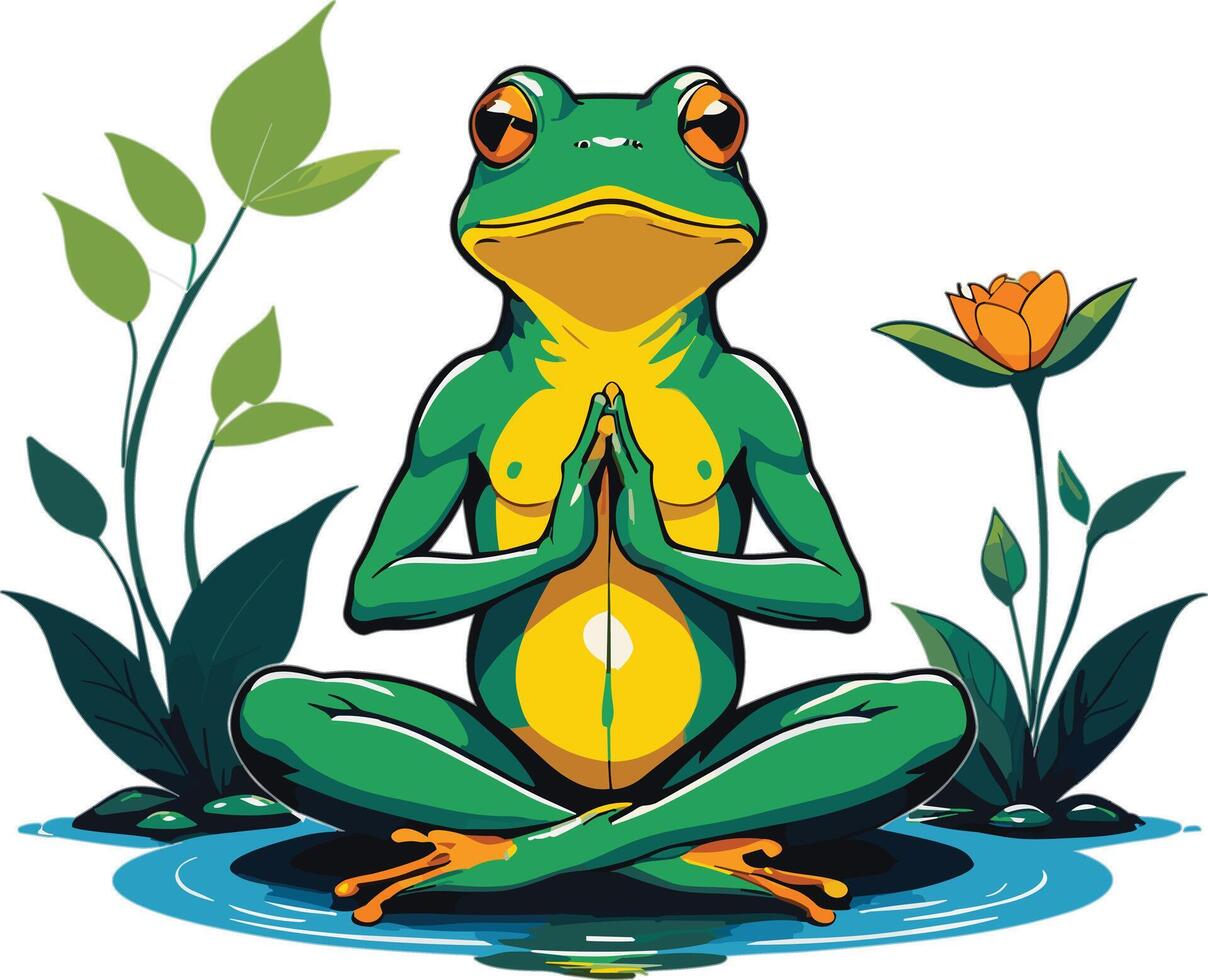 Frog meditating by a peaceful pond surrounded by greenery vector
