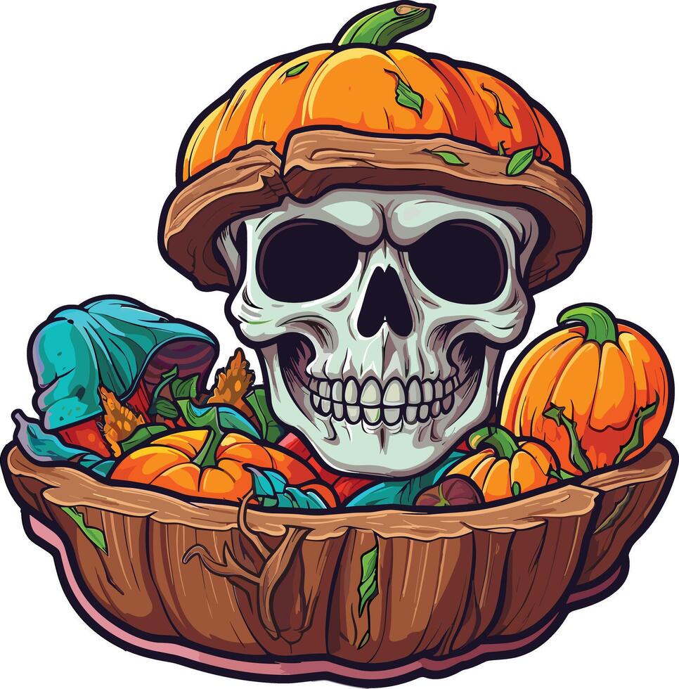 Halloween skull surrounded by colorful pumpkins and vegetables vector