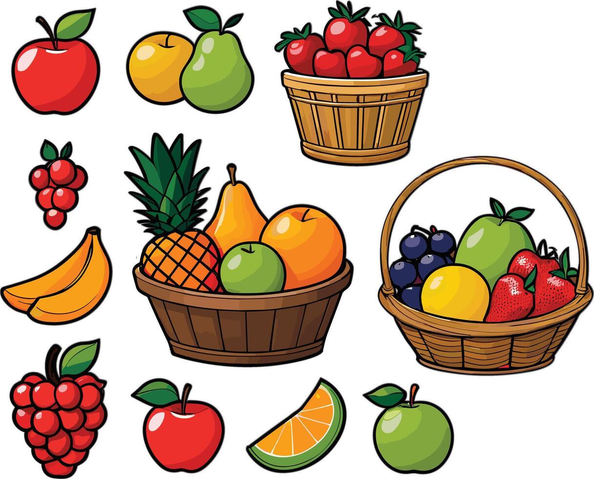 Colorful assortment of fruits and baskets in a vibrant design vector