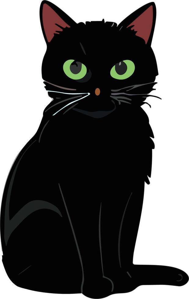 Black cat with striking green eyes sitting in a calm posture vector
