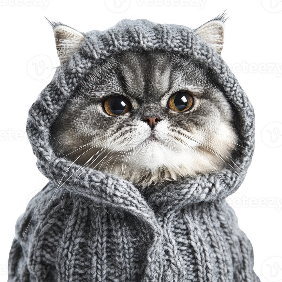 Stylish cat in a cozy knitted hoodie with an adorable expression. png