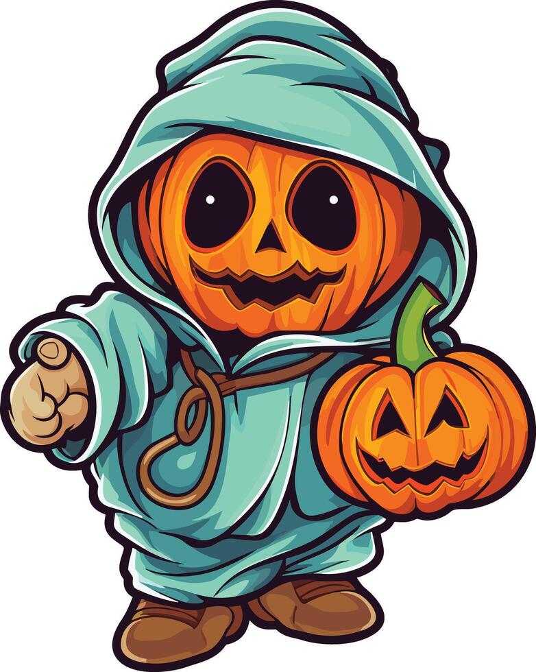 Pumpkin character in hoodie holding two pumpkins during Halloween vector