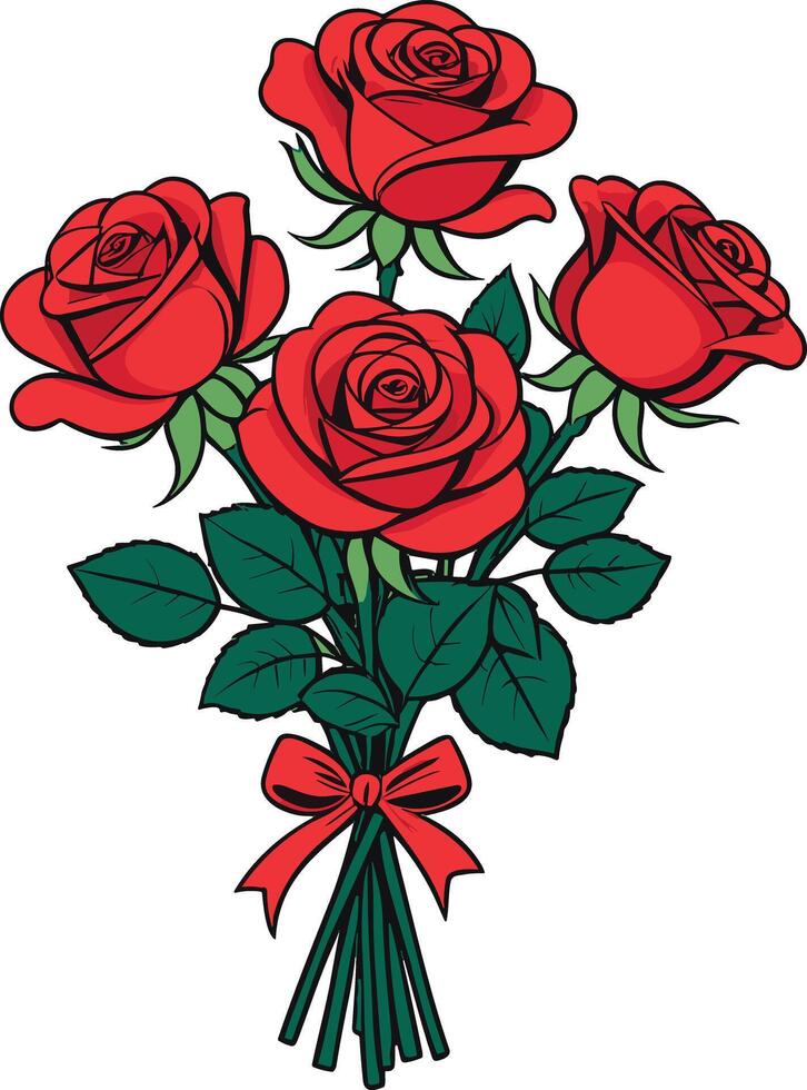 Beautiful red rose bouquet with green leaves and ribbon vector