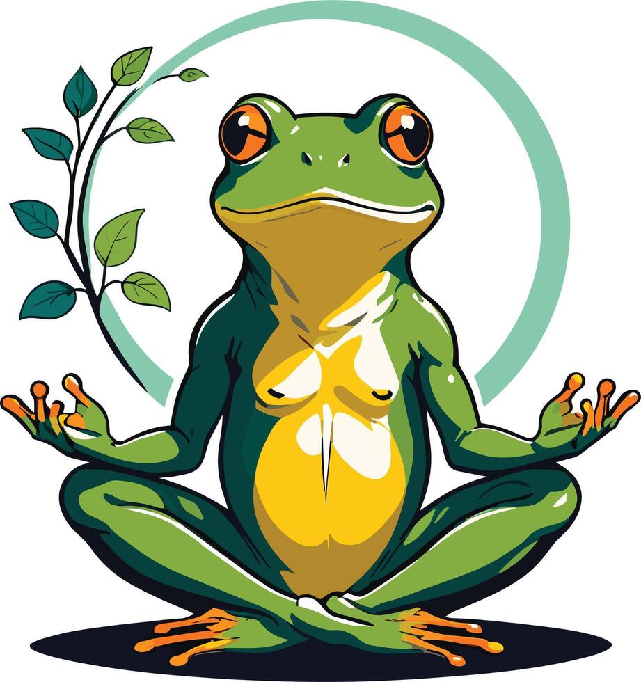 Frog practicing yoga in a tranquil setting with green leaves vector
