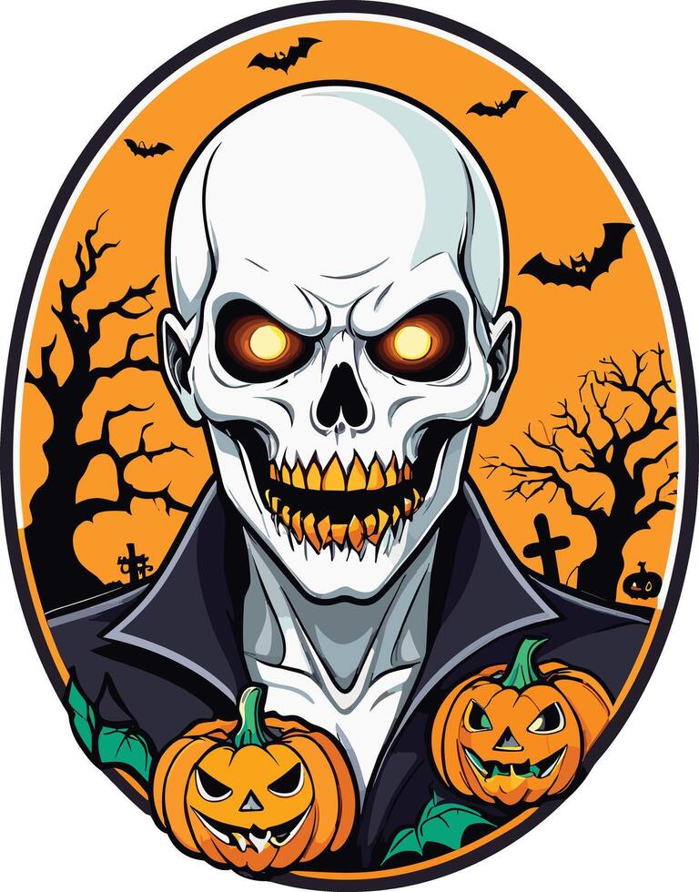 Halloween-themed skull character with pumpkins and bats in background vector