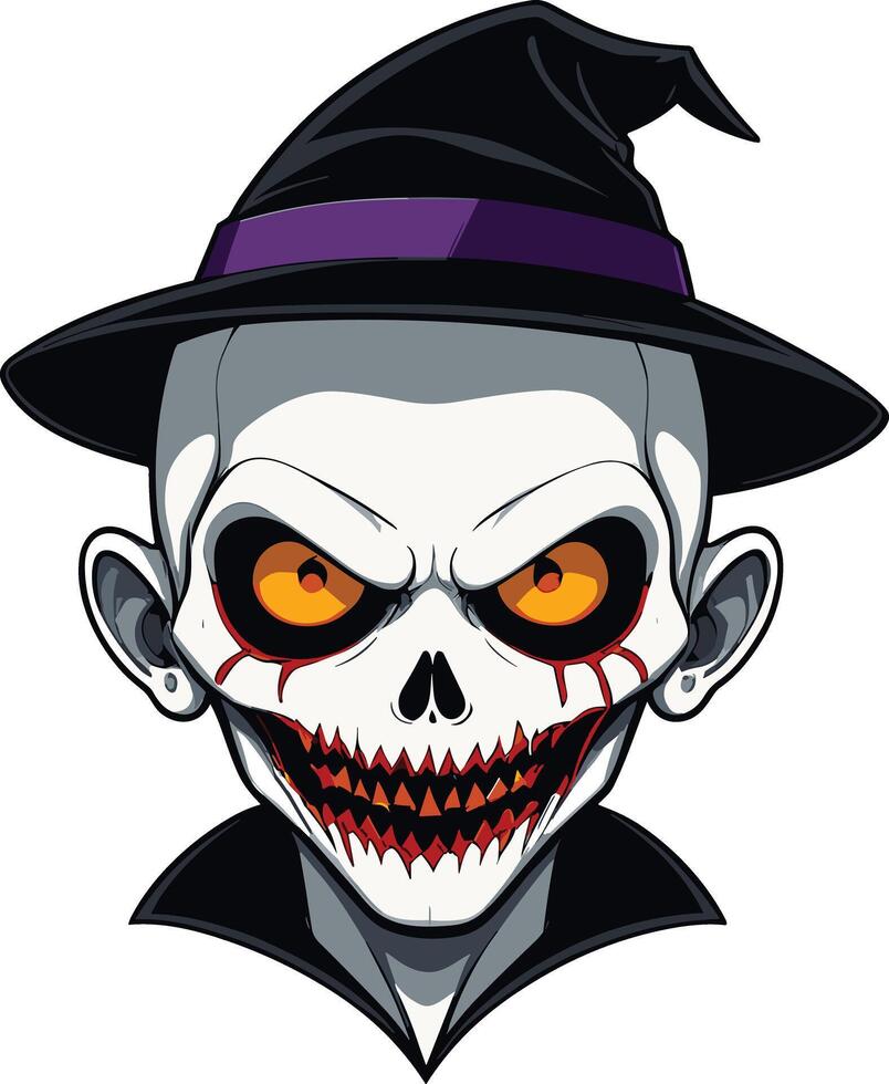Creepy skull character wearing a witch hat with orange eyes vector