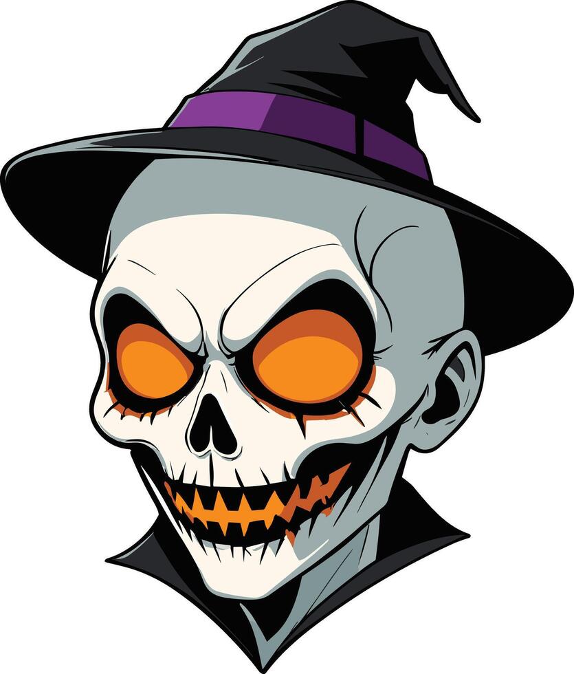Creepy skull character wearing a witch hat with glowing eyes vector
