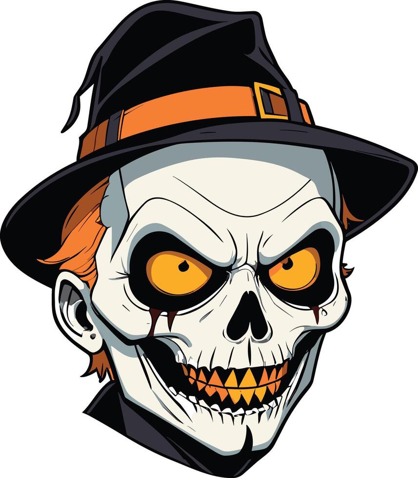 Skeleton with a witch hat and glowing orange eyes in a spooky design vector