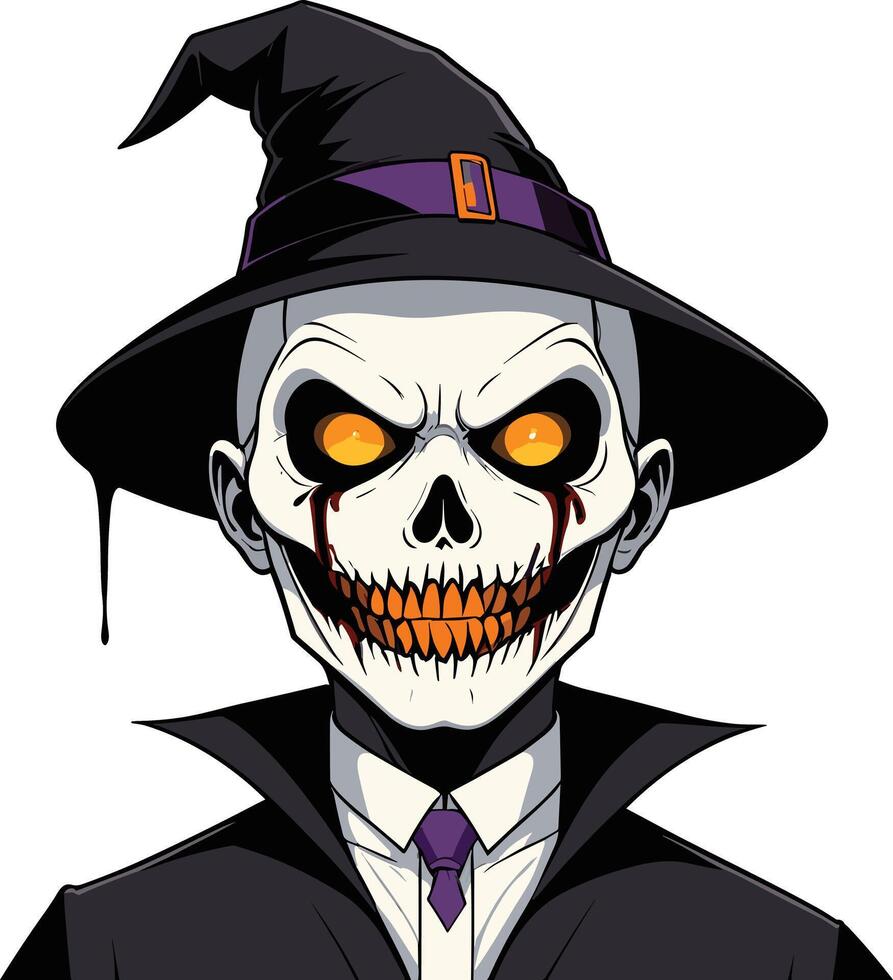 Creepy skull character wearing a witch hat in a spooky setting vector
