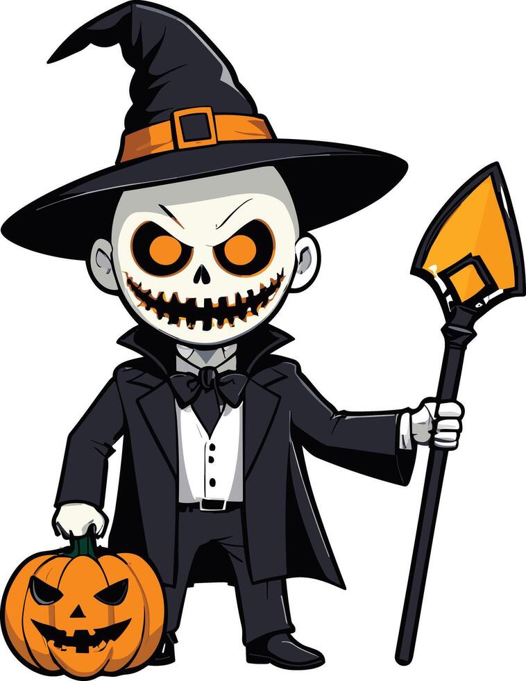 Halloween character with pumpkin and shovel in spooky outfit vector