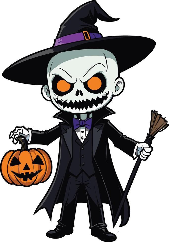 Spooky skeleton wizard with pumpkin during Halloween festivities vector