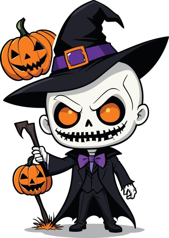 Skeleton character in witch costume holding pumpkins for Halloween vector