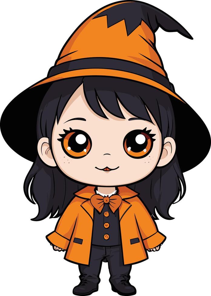 Cute character dressed in orange Halloween attire smiling cheerfully vector