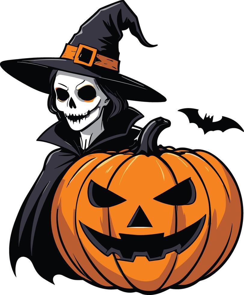 Creepy skeleton witch with Halloween pumpkin and bat decoration vector