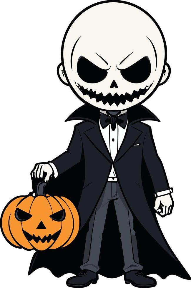 Halloween character holding a glowing pumpkin in a tuxedo outfit vector