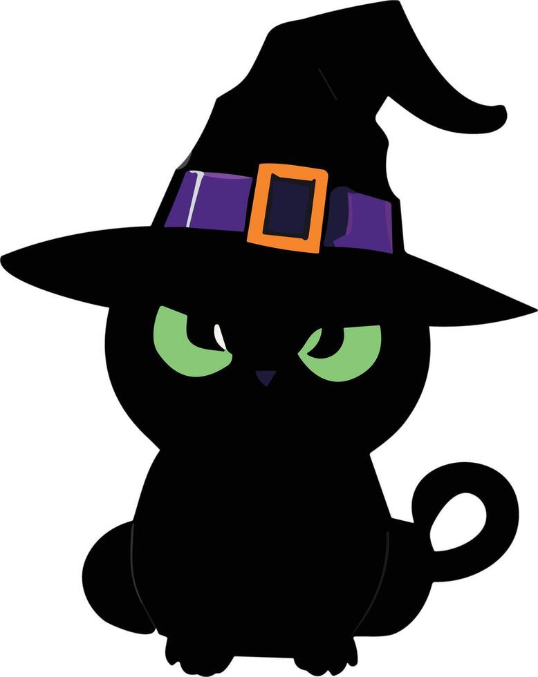 Black cat wearing a witch hat with green eyes vector