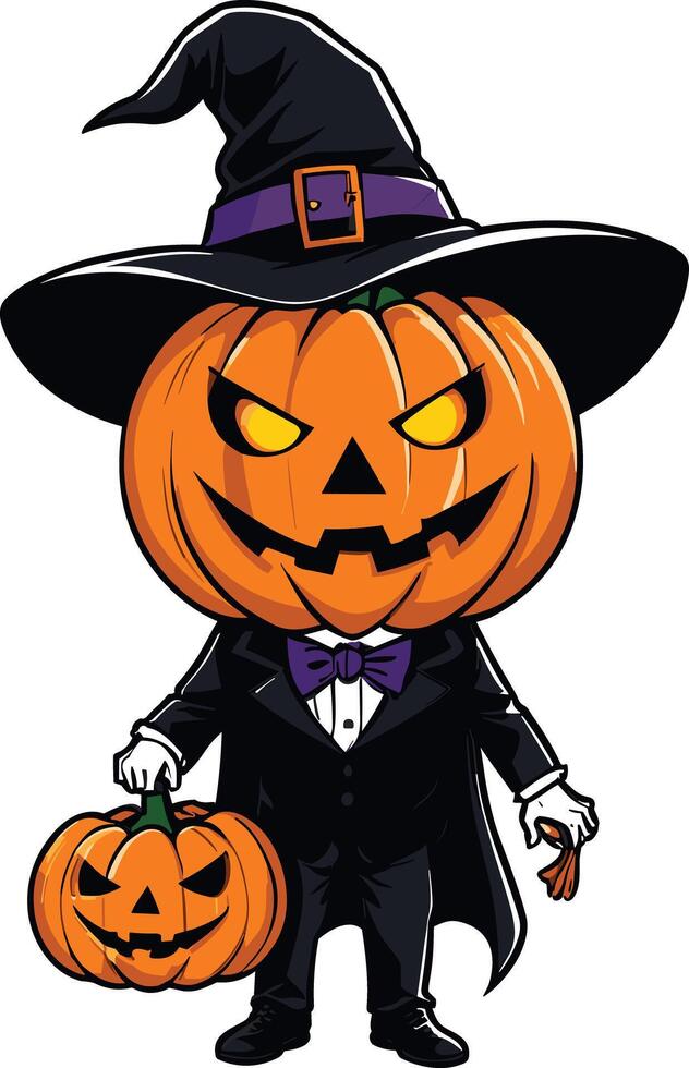 Pumpkin-headed character in a witch hat celebrating Halloween fun vector