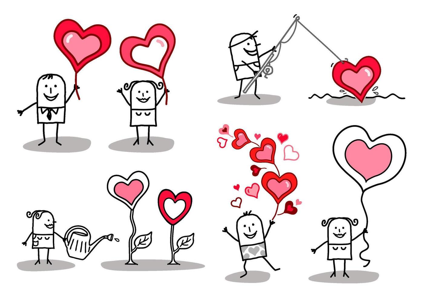 Set of 5 illustrations - Hand drawn cartoon stick characters - men and women with big hearts in different situations and concepts vector
