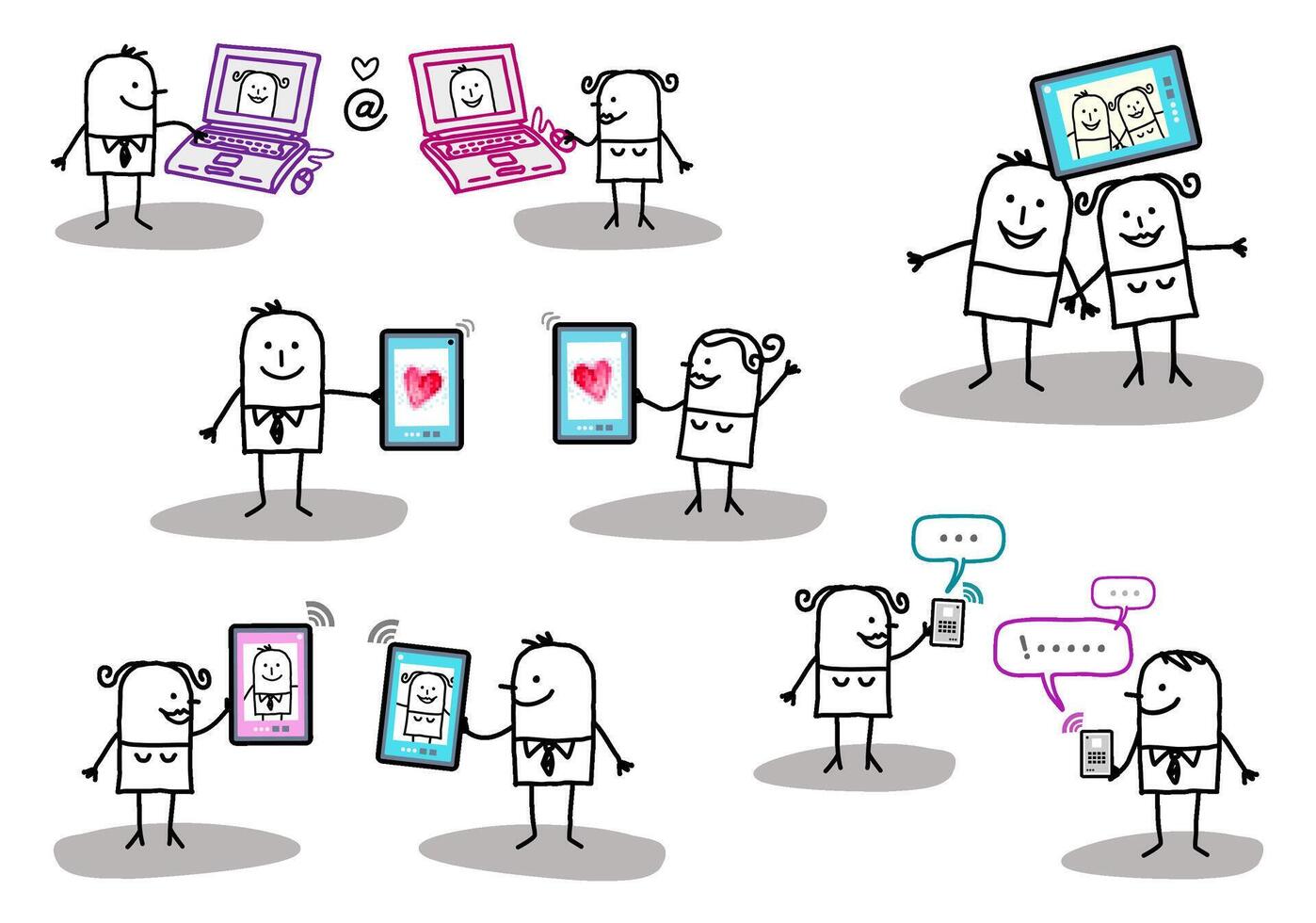 Set of 5 illustrations - Hand drawn cartoon stick characters - Couples meeting, dating - communication and love with internet vector