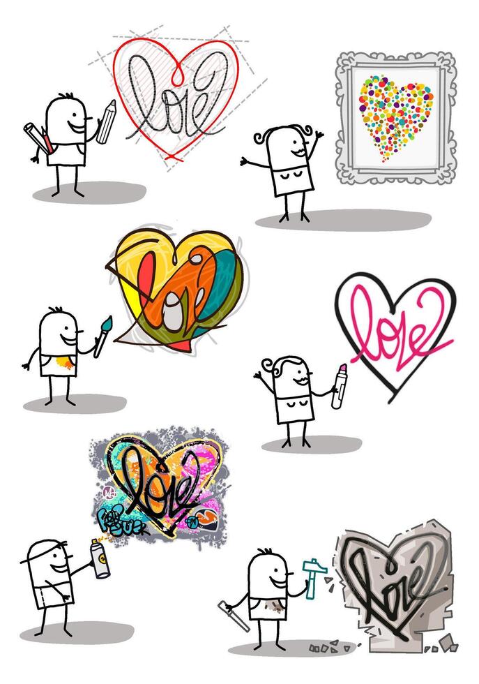 Set of 6 illustrations - Hand drawn cartoon stick characters - men and women with big designed hearts in different styles vector