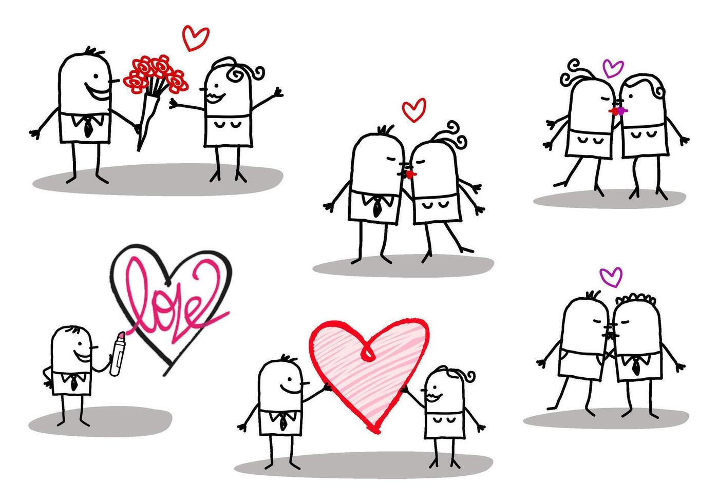 Set of 6 illustrations - Hand drawn cartoon stick characters - mixed couples with love, hearts, flowers and kisses vector