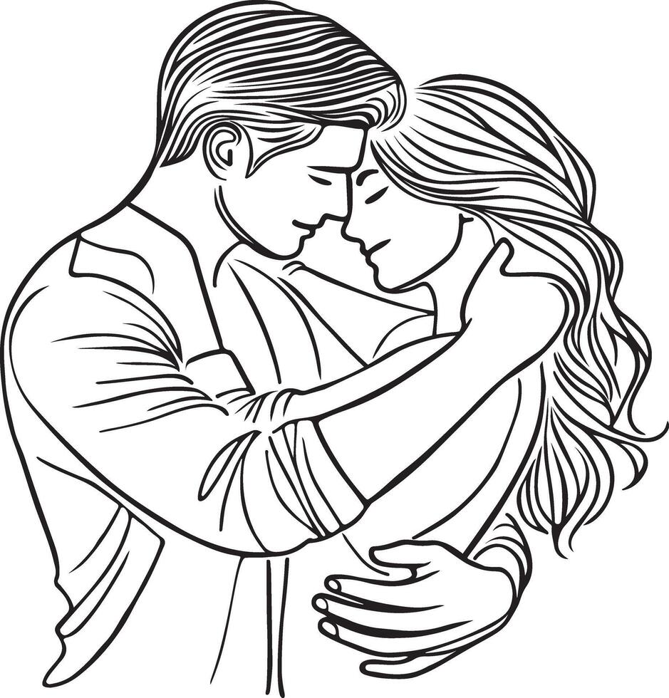 Outline of a Couple in Love Embracing Design Silhouette Art Illustration On A White Background, A black and white, stylized illustration of a man and a woman embracing. vector