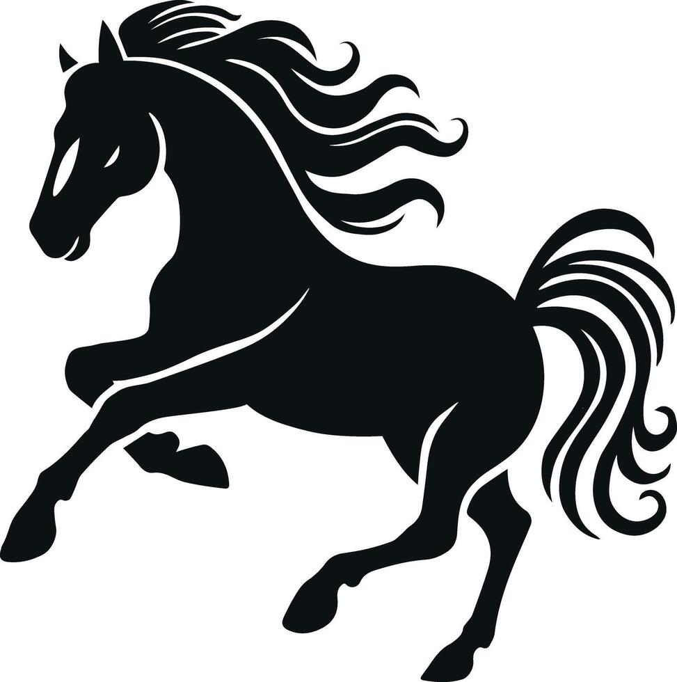 Horse galloping Design Silhouette Art Illustration On A White Background, A striking, stylized black and white silhouette of a galloping horse. vector