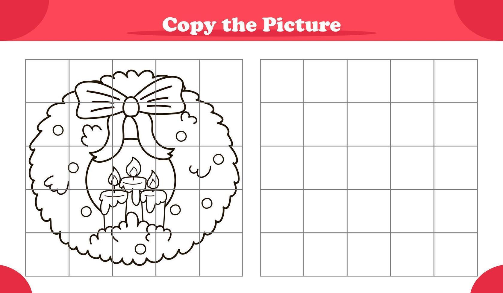 Copy the image activity game for kids with Christmas wreath in cartoon style vector