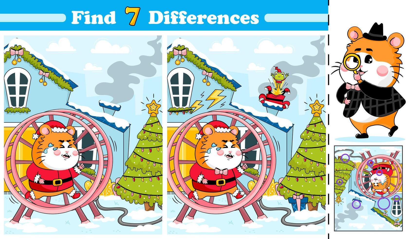 Find 7 differences activity page for kids with hamster running in a wheel to light up Christmas tree vector