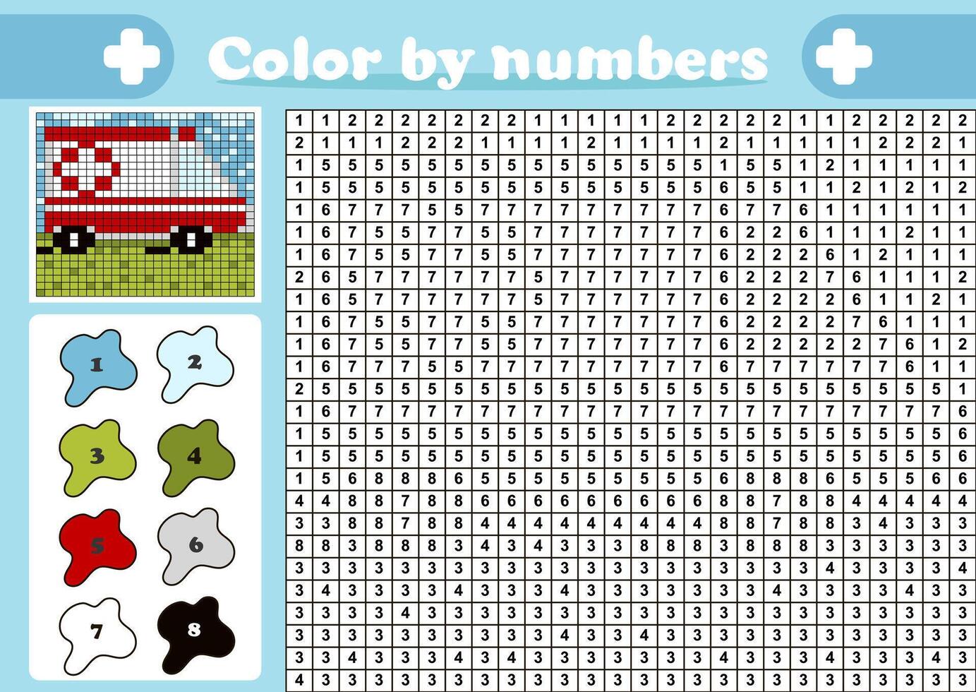 Color by number pixel art game for kids with ambulance car vector