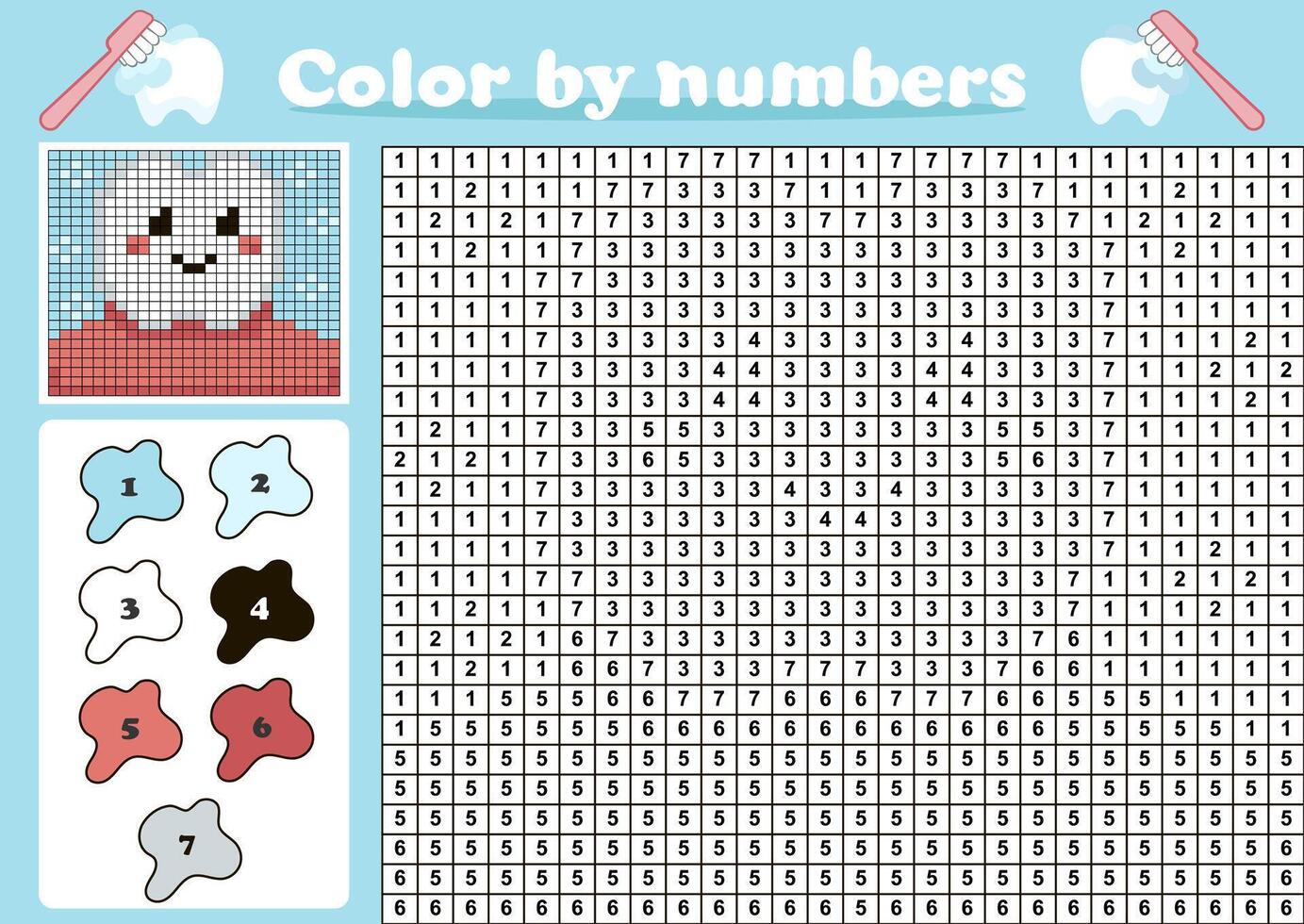 Color by number pixel art game for kids with cute tooth character in mouth, cartoon styl vector