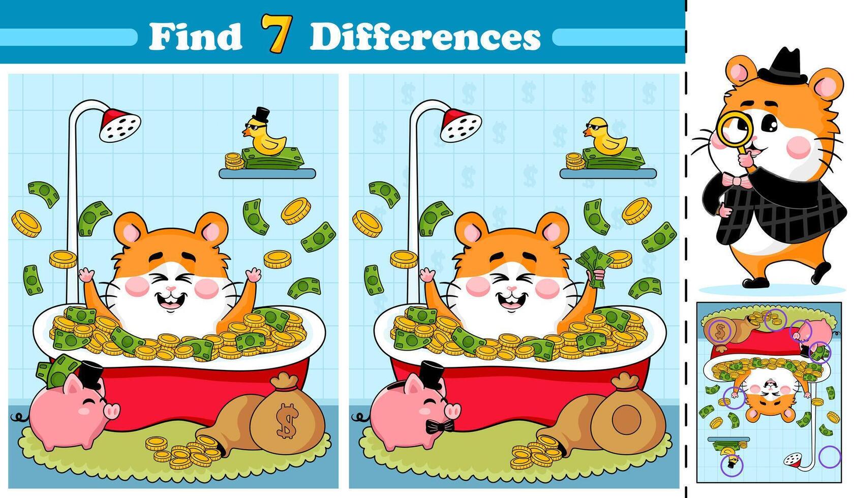 Activity page for kids featuring featuring a cute hamster having a bath full of gold vector