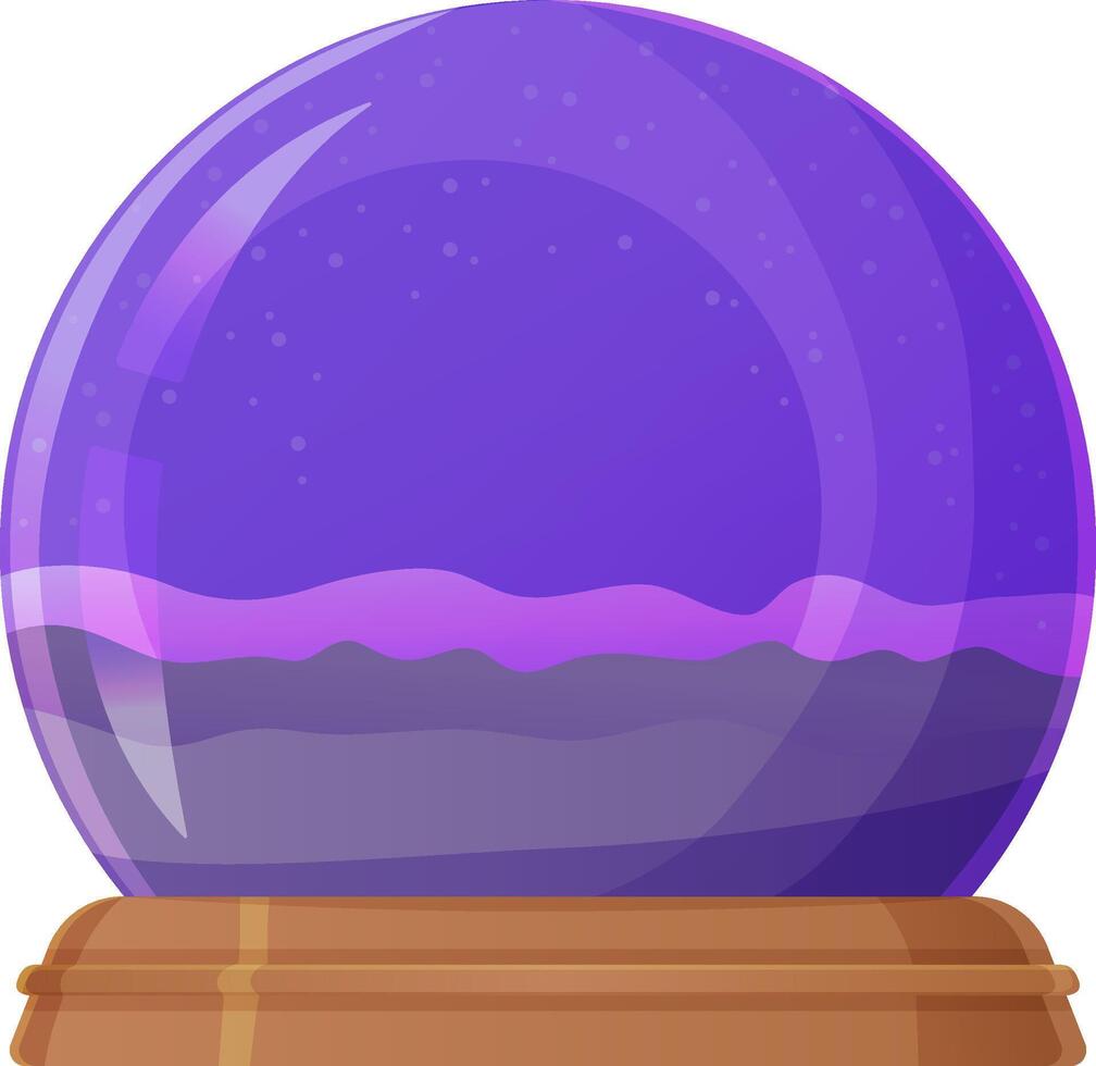 Purple glass crystal ball with a wooden base on a white background. Cartoon illustration isolated on white. Fortune-telling and mysticism concept for design and print. vector