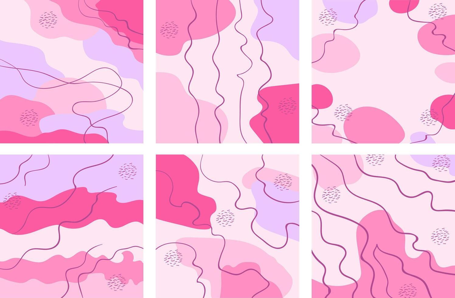 Set of abstract square background in pastel colors with curved lines. Modern geometric Memphis texture. Stock illustration in minimalist simple doodle style vector