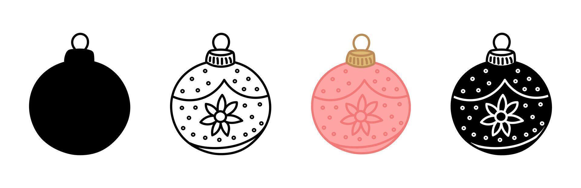 Christmas ornament icon set, including outline, silhouettes and pink variations isolated on white background. Concept of Holiday decoration, winter decor, Christmas balls, bauble, New Year vector