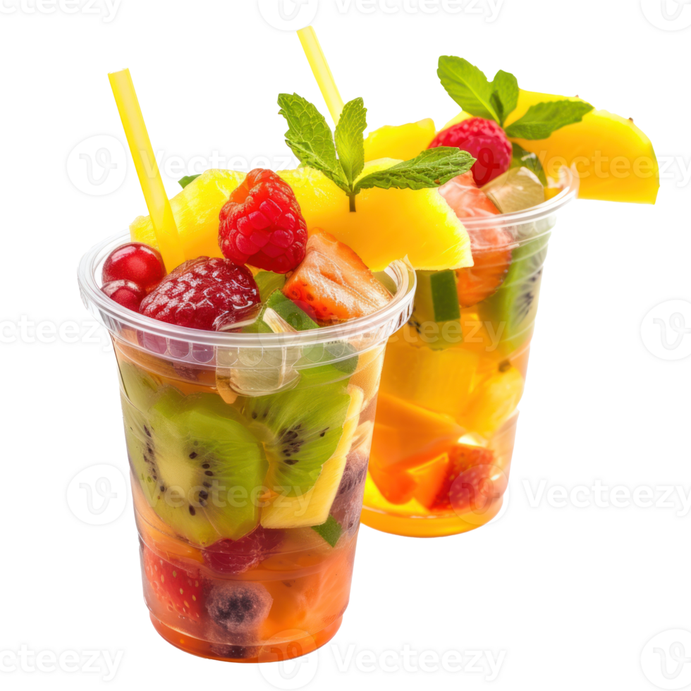 fruit cocktails in plastic cups on plain transparent background png