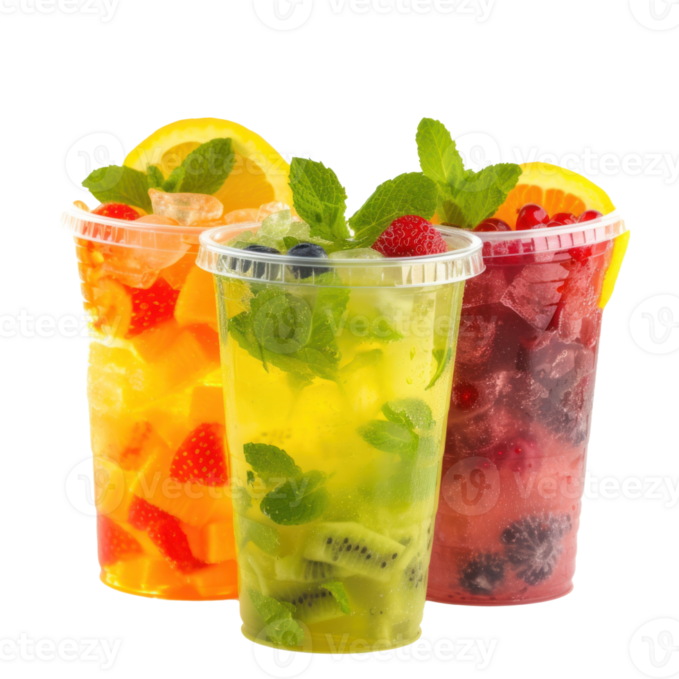 fruit cocktails in plastic cups on plain transparent background png