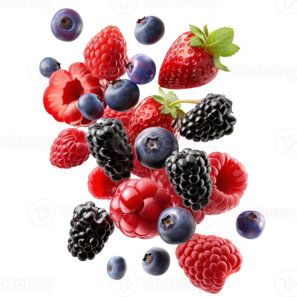 mixed berries, floating, 8k, hyper realistic, transparent background png