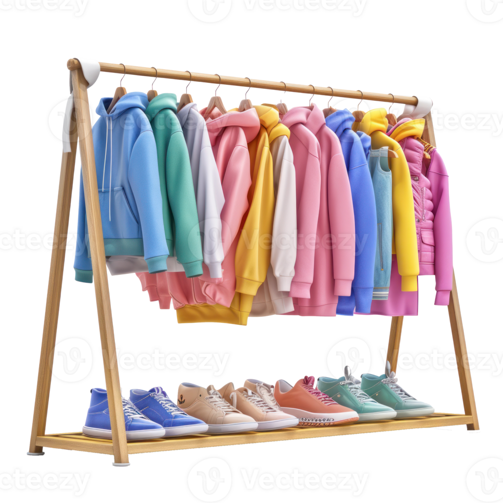 clothing rack with colorful clothes and shoes png