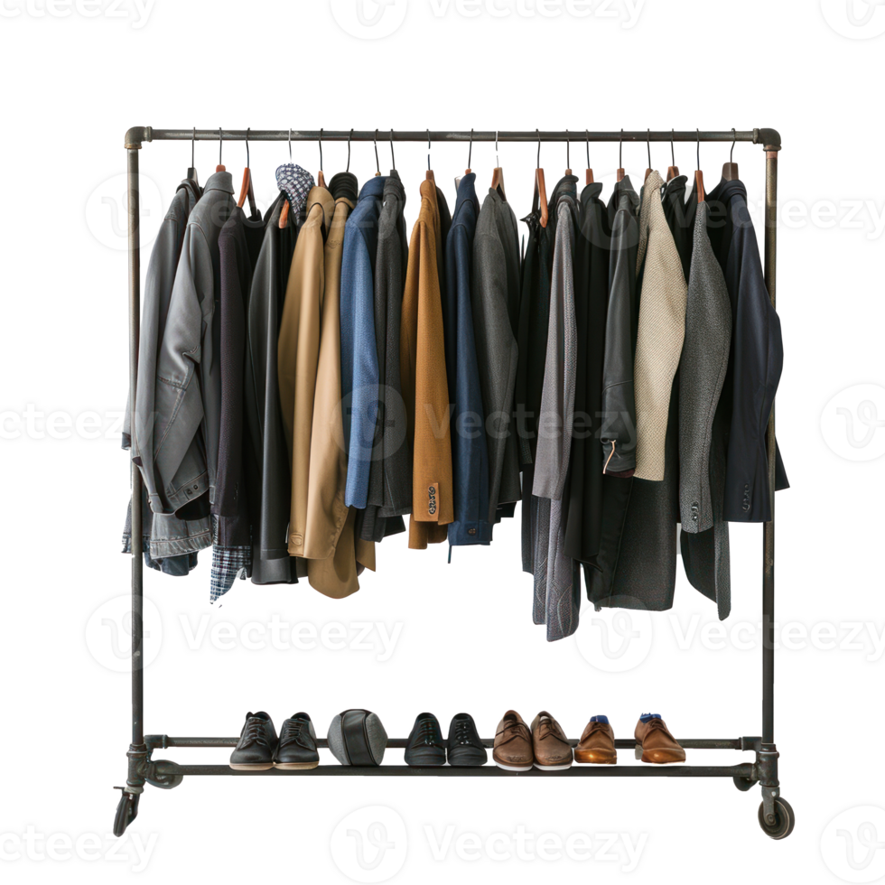 a rack with clothes and shoes on it png