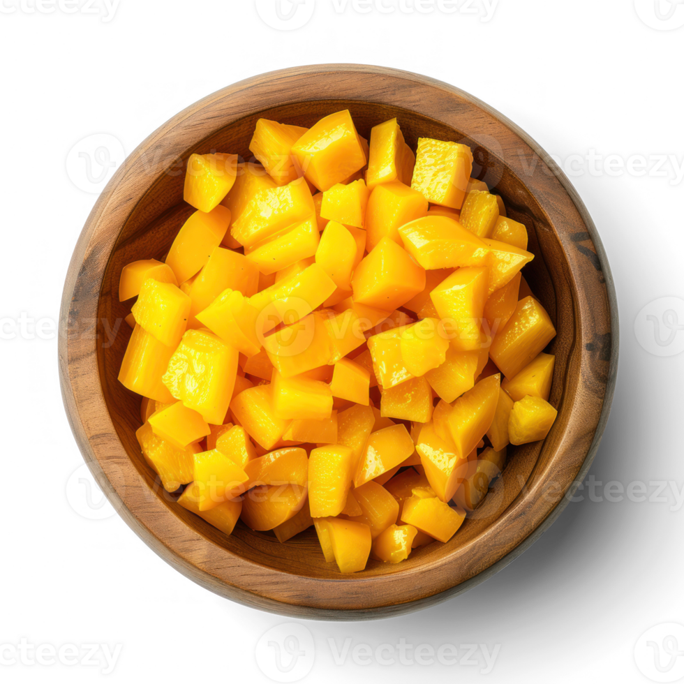 mango slices in a wooden bowl on a transparent background png