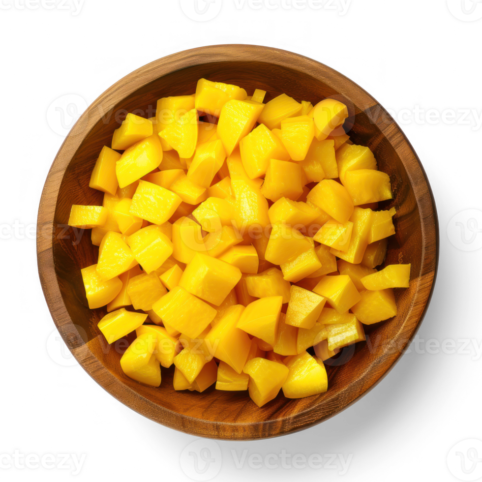 top view of perfectly diced yellow bell peppers in a wooden bowl isolated on a transparent background png