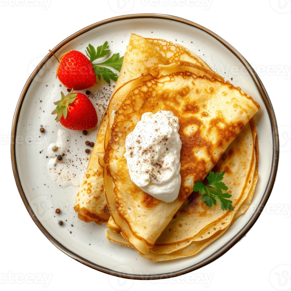 pancakes with cream and strawberries on a plate png